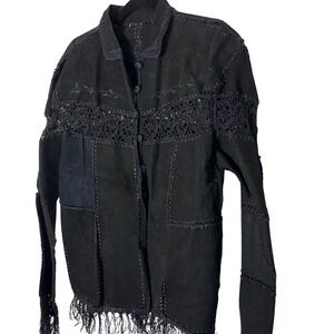 Black Suede Patchwork Crochet Lace Fringe Boho Jacket Womens No size tag M/L fit